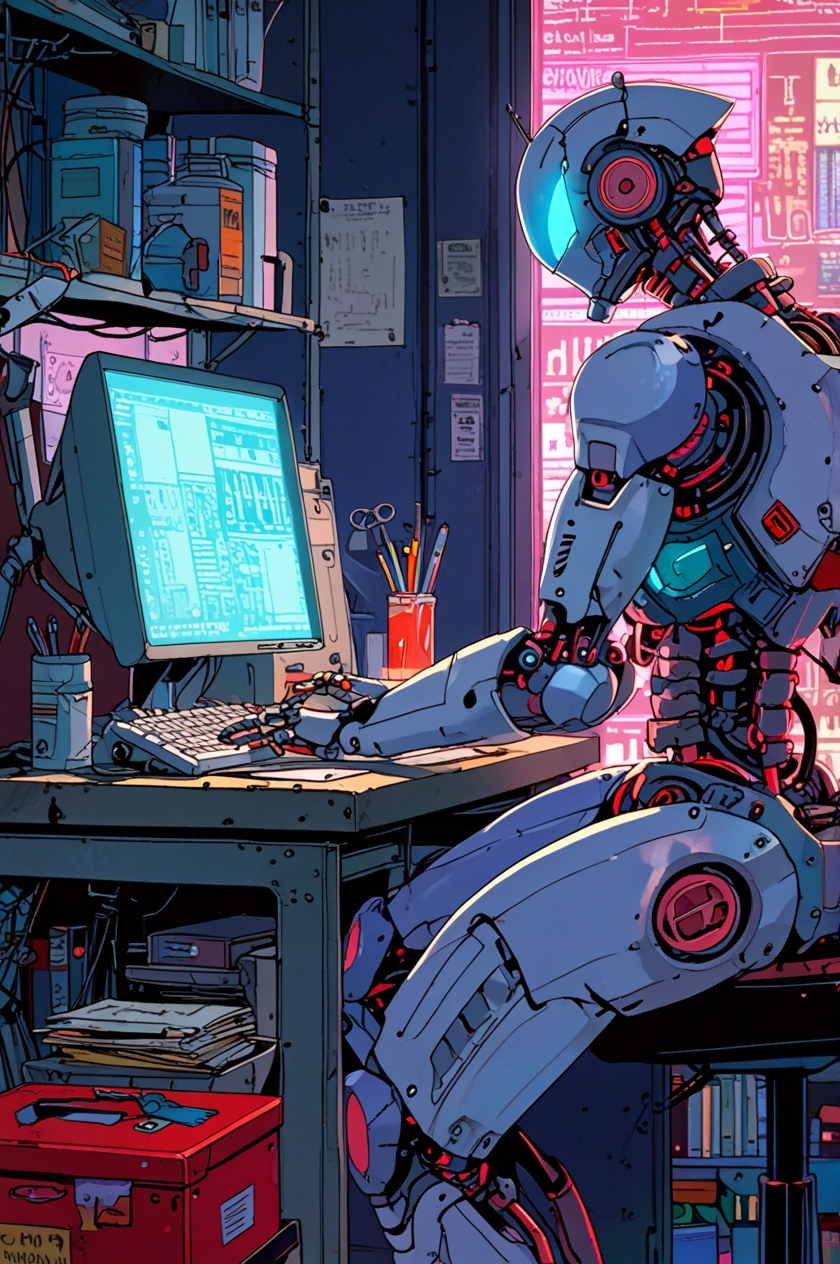 AI robot working at a desk